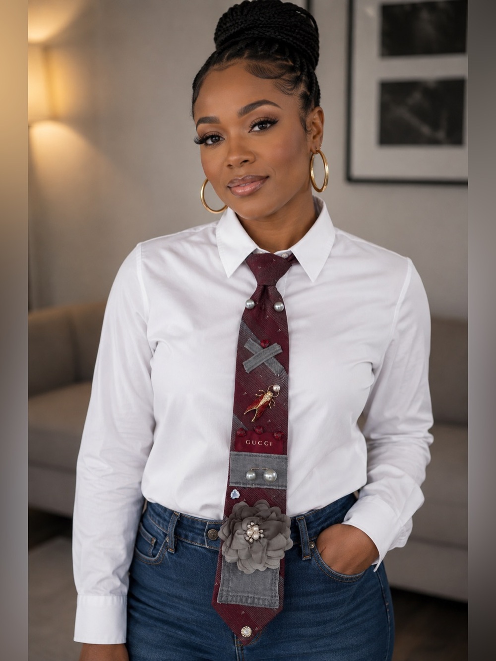 Upcycled Burgundy Embellished clip on tie.